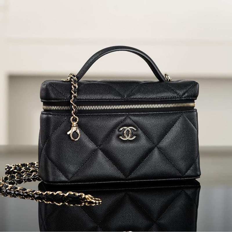 샤넬 탑핸들 포쉐트 베니티 백 캐비어 블랙 샴페인 골드