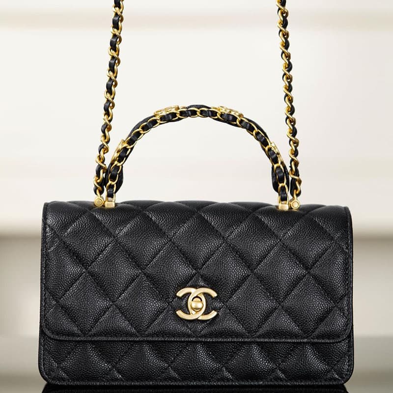 샤넬 25B 클래식 탑핸들 체인백 캐비어 골드메탈 블랙