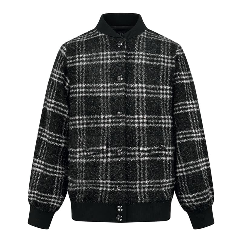 샤넬 숄카라 체크 버튼 울 트위드 자켓