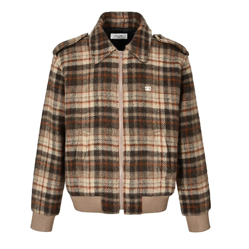 셀린느 트리오페 로고 자수 배색 체크 테디 자켓