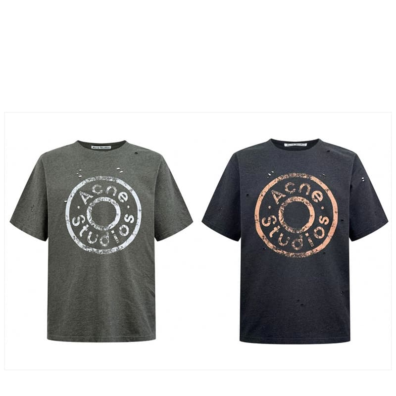 아크네 버튼 로고 프린트 디스트레스 반팔 티셔츠