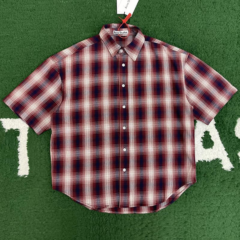 아크네 체크 버튼업 반팔 셔츠 레드 블루