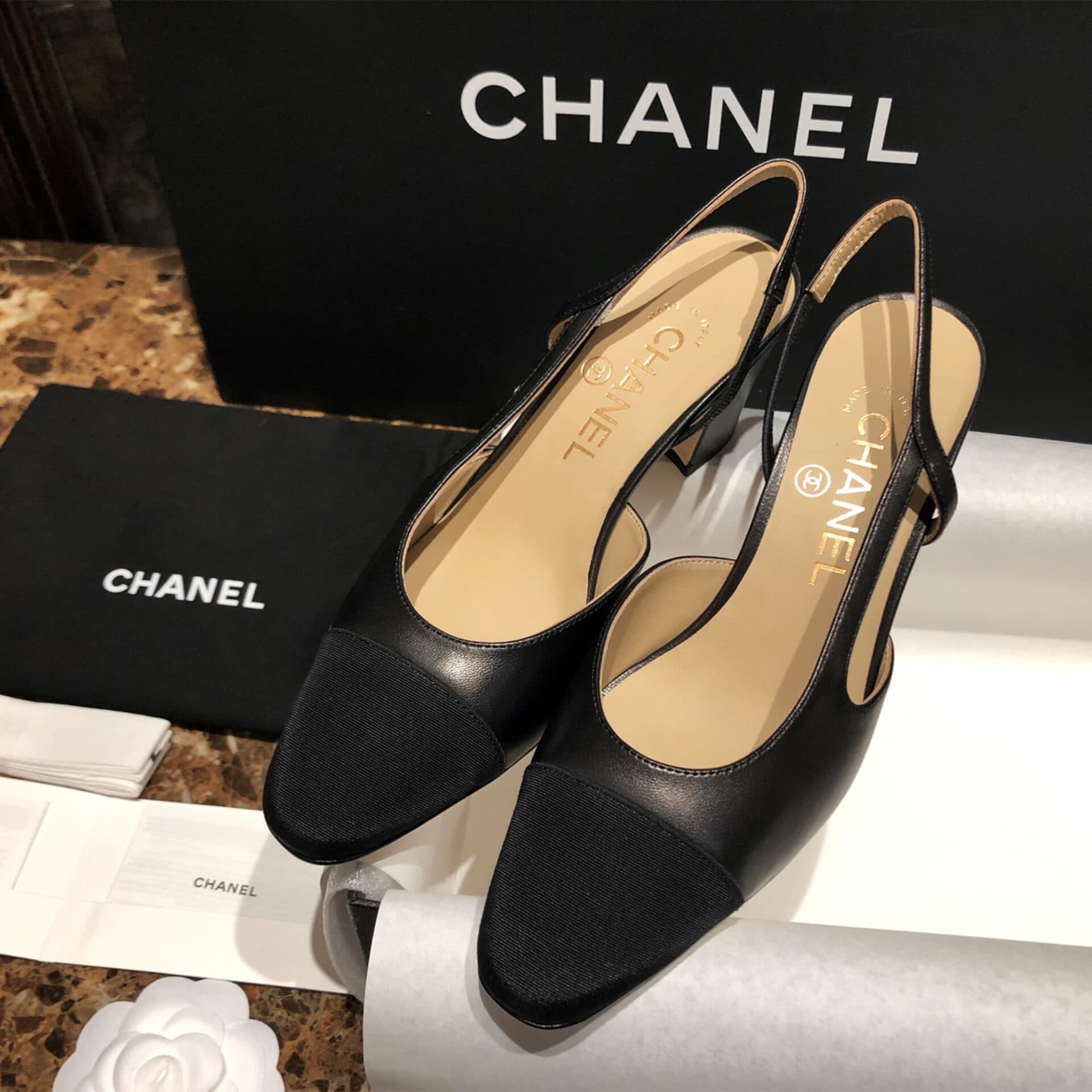 샤넬 블랙 고트스킨 그로그랭 슬링백 플랫 슈즈 “34SIZE – 41SIZE”