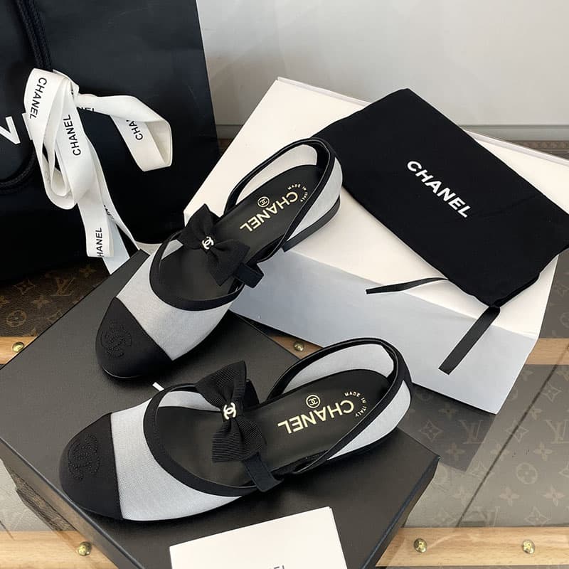 샤넬 25B 리본 메쉬 메리제인 슈즈 메쉬 그로그랭 화이트/블랙