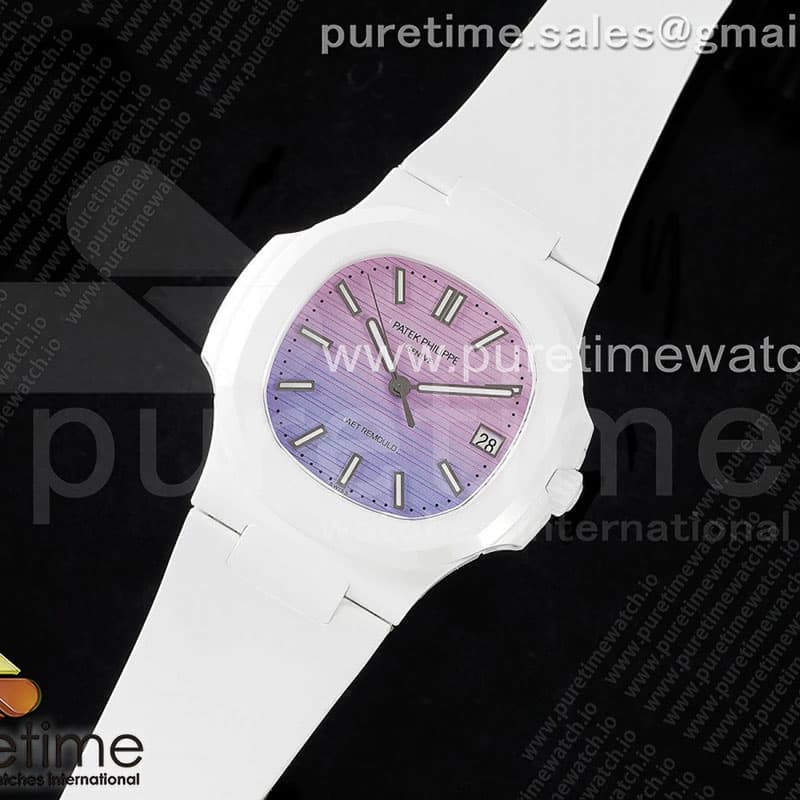 AMG공장 파텍필립 노틸러스 5711 화이트풀세라믹 퍼플그라데이션다이얼 화이트러버스트랩 AET Nautilus 5711 White Ceramic AMGF Best Edition Purple_Pink Dial on White Rubber Strap MIYOTA 9015