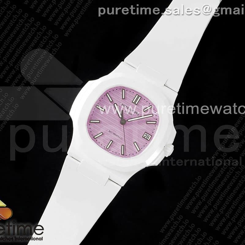 AMG공장 파텍필립 노틸러스 5711 화이트풀세라믹 핑크다이얼 화이트러버스트랩 AET Nautilus 5711 White Ceramic AMGF Best Edition Pink Dial on White Rubber Strap MIYOTA 9015